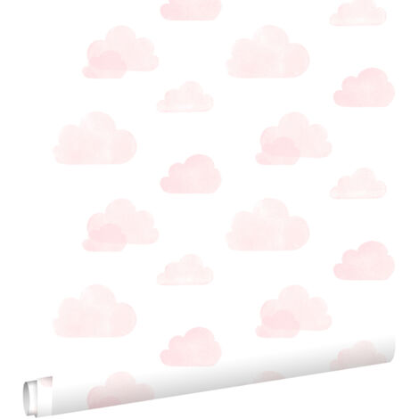 papier peint nuages tamponnés rose clair et blanc  - ESTAhome