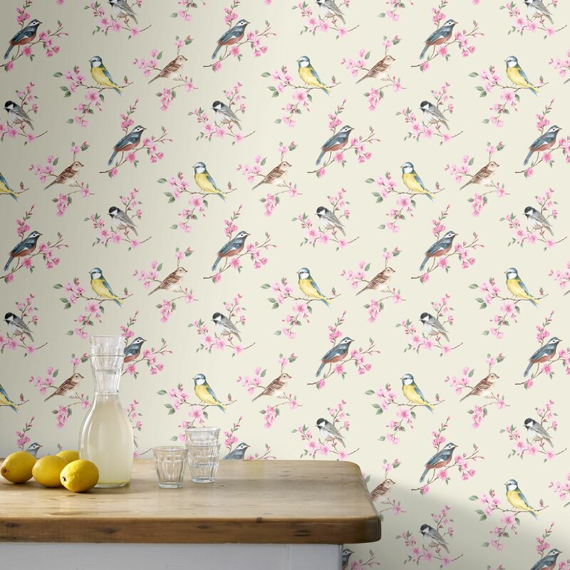 Papier peint intissé oiseaux sur branches – Dimensions 1005 x 52 cm – Résistant à la lumière – Entretien facile avec éponge humide – Superfresco Easy