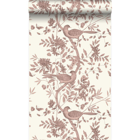 papier peint oiseaux blanc d'ivoire et brun cuivré brillant  - Origin Wallcoverings
