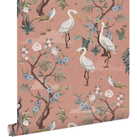 papier peint oiseaux de grue vieux rose  - ESTAhome