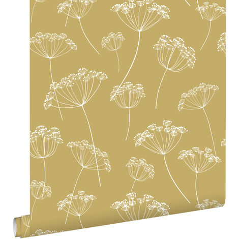 papier peint ombelles jaune ocre et blanc  - ESTAhome