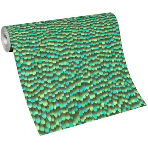Papier peint original 3D vert & turquoise | Tapisserie moderne 3D verte & bleu chambre adulte | Papier peint plume idéal couloir