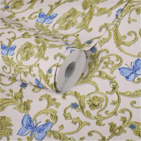 Papier peint original baroque coloré Tapisserie motif baroque doré & bleu Papiers peints intissés pour cuisine & salon