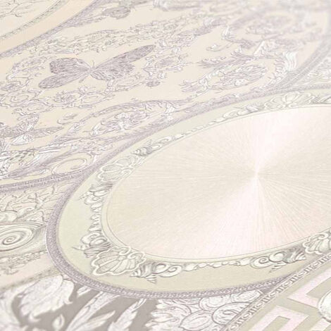 Papier peint original beige crème argenté Tapisserie baroque intissée motif rond Papiers peints pour chambre adulte