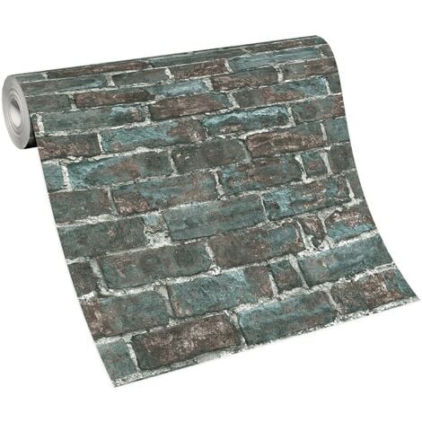 Papier peint original motif pierre turquoise & marron Tapisserie imitation brique style industrielle Papier peint brique moderne pour cuisine