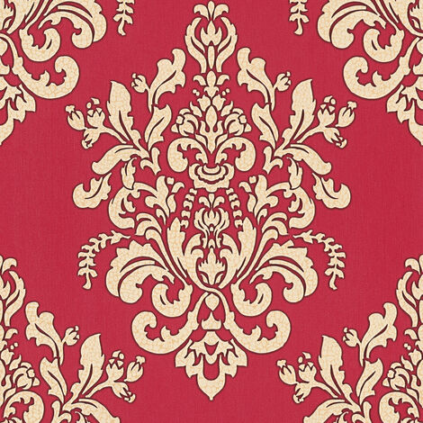 Papier peint ornement fleurs de lys doré | Papier peint vintage à motif baroque rouge & or | Tapisserie fleurie géométrique style rétro - 10,05 x 0,53 m