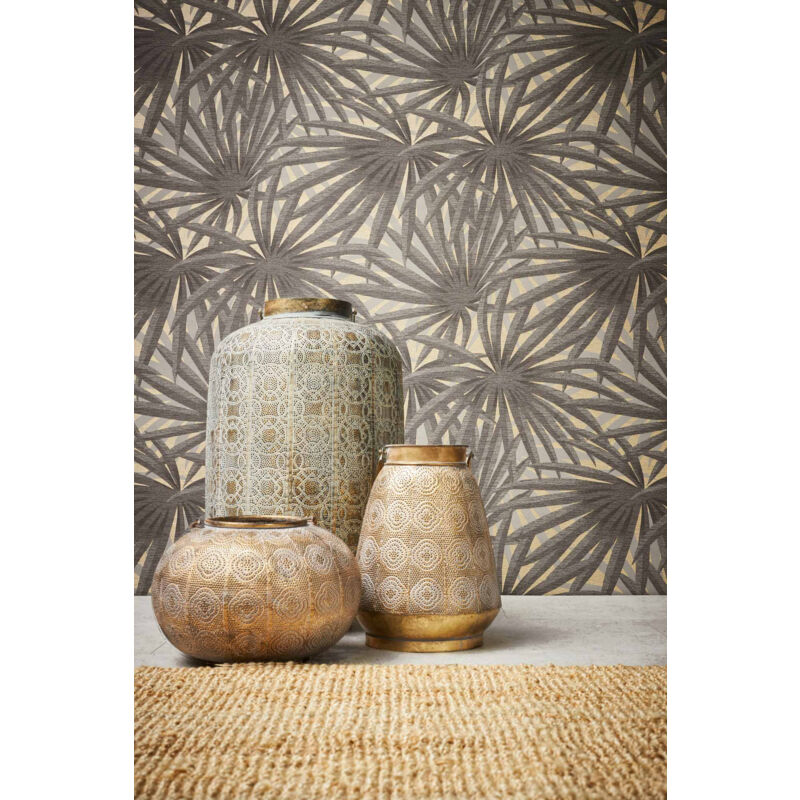 Papier peint palmier gris & doré tendance Tapisserie palmier grise & or moderne salon Papier peint feuille intissé couloir