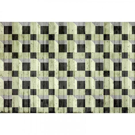 Papier peint panoramique 3D vert pastel & noir Tapisserie panoramique motif carré effet béton pour couloir Papier peint panoramique géométrique salon