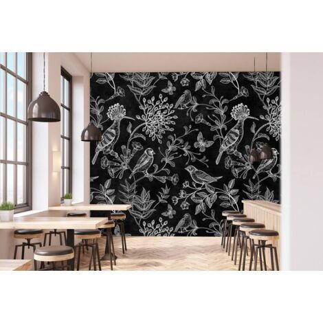 Papier peint panoramique à motifs fleurs et oiseaux | Tapisserie panoramique fleurie sur fond noir | Papier peint panoramique pour chambre d'adulte - 270 x 400 cm (4 pièces)