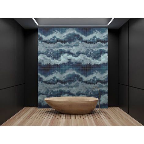 Papier peint panoramique abstrait à motifs mosaïque Tapisserie panoramique bleu et blanc design Papier peint panoramique salle de bain idéal