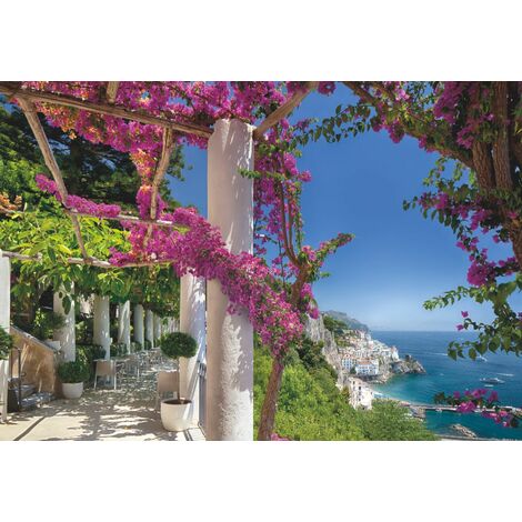 papier peint panoramique Amalfi bleu, vert et rose  - Komar