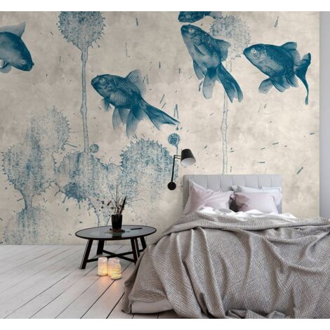 Papier peint panoramique animaux beige et bleu Tapisserie panoramique à motif poisson Papier peint panoramique pour salle de bain