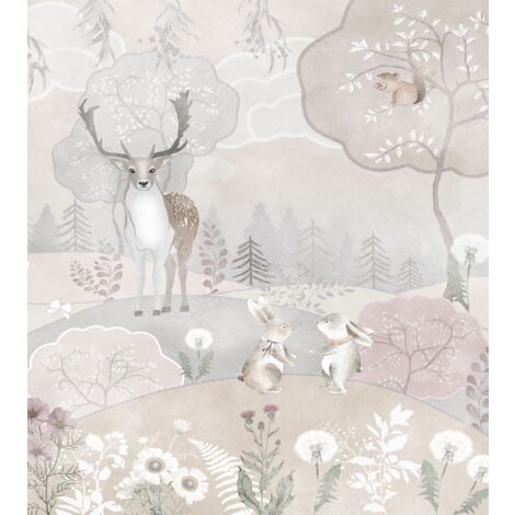 papier peint panoramique animaux de la forêt beige et vieux rose  - Sanders & Sanders