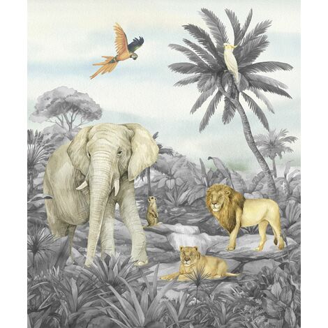 papier peint panoramique animaux de la jungle gris  - Sanders & Sanders