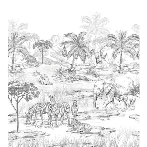 papier peint panoramique animaux de la jungle noir et blanc  - ESTAhome