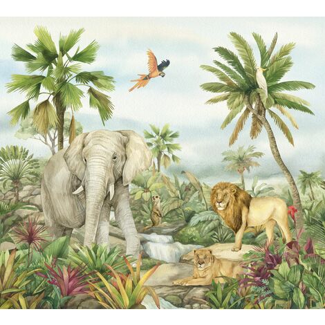 papier peint panoramique animaux de la jungle vert  - Sanders & Sanders