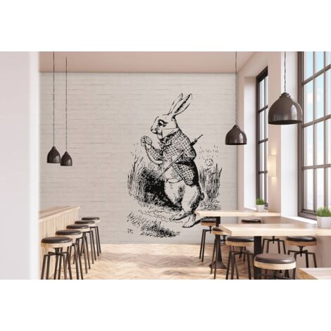 Papier peint panoramique animaux moderne | Tapisserie panoramique chambre enfant avec lapin | Papier peint panoramique noir & blanc - 270 x 400 cm (4 pièces)