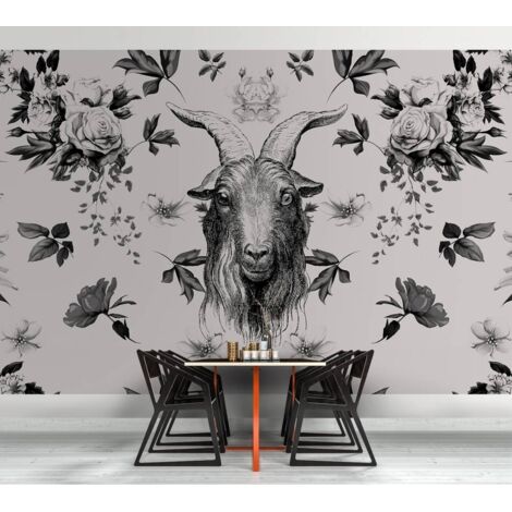 Papier peint panoramique animaux noir et blanc | Tapisserie panoramique à motifs roses | Papier peint panoramique fleuri - 270 x 500 cm (5 pièces)
