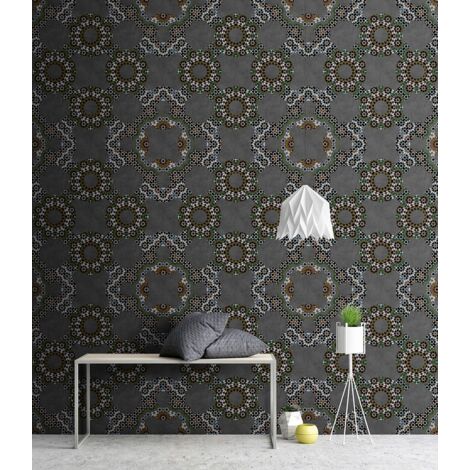 Papier peint panoramique anthracite & marron original | Tapisserie panoramique idéale couloir | Papier peint panoramique moderne mandala pour cuisine - 270 x 400 cm (4 pièces)