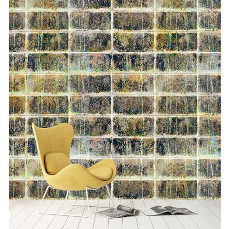 Papier peint panoramique aspect mur de brique Tapisserie panoramique gris et multicolore pour salon Papier peint panoramique industriel