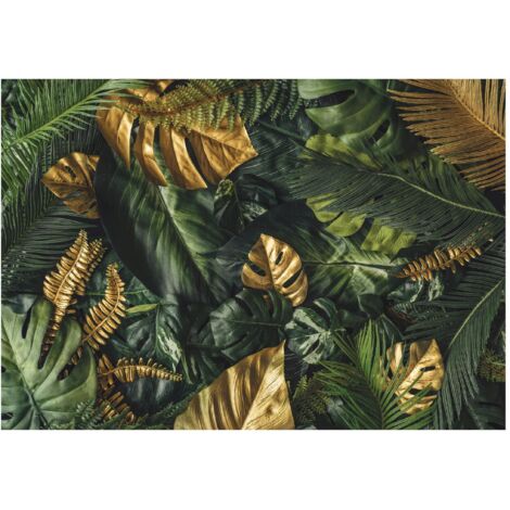 Papier peint panoramique avec des feuilles de monstera dorées et vertes, décoration murale pour le salon – 300 x 210 cm Wallarena