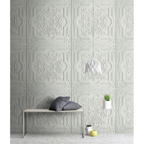 Papier peint panoramique baroque pour couloir | Tapisserie panoramique blanche élégante | Papier peint panoramique moulure 3D - 270 x 400 cm (4 pièces)