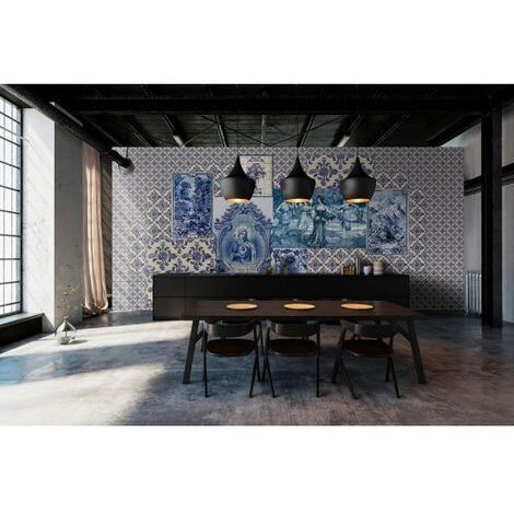 Papier peint panoramique bleu & blanc imitation carreaux de ciment Tapisserie panoramique vintage couloir Papier peint panoramique idéal cuisine