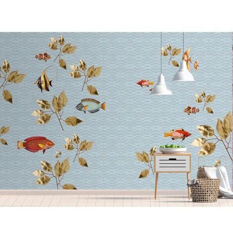Papier peint panoramique bleu motif poisson Tapisserie panoramique nature originale Papier peint panoramique idéal pour salon