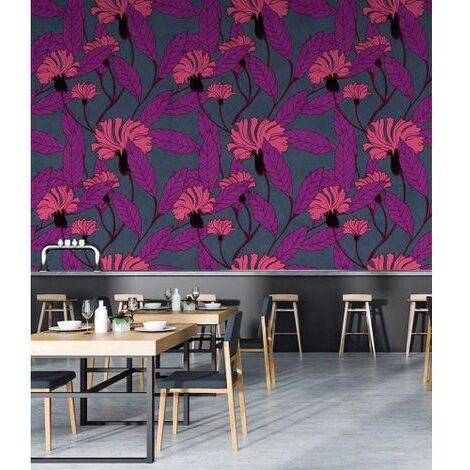 Papier peint panoramique bleu, rose & violet 3d Tapisserie panoramique florale salle à manger Papier peint panoramique restaurant à motifs fleurs