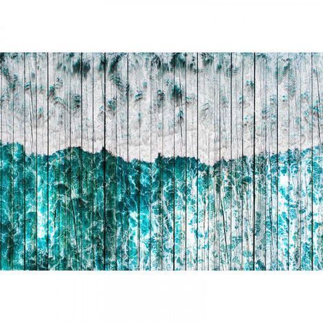 Papier peint panoramique bois turquoise & grise Tapisserie panoramique turquoise salon design Papier peint panoramique salle de bain moderne