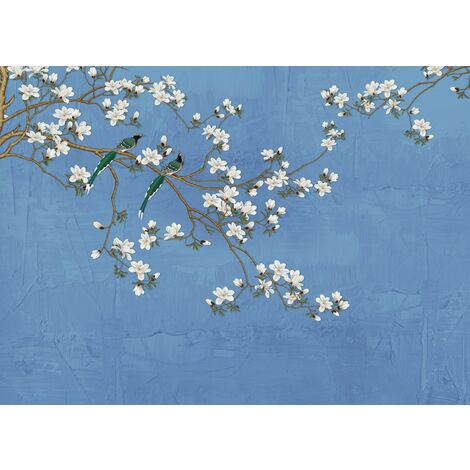 papier peint panoramique branches de fleurs bleu gris  - Sanders & Sanders
