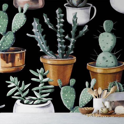Papier peint panoramique cactus et pots de cuivre papier peint