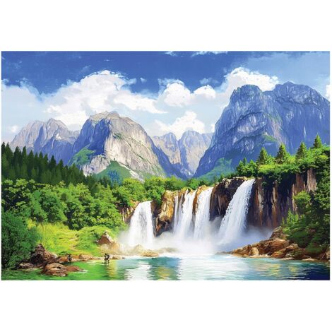 Papier peint panoramique cascade 3D montagnes forêt nature 400x280 cm mural salon chambre grand format