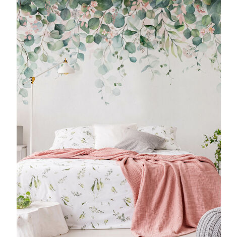 Papier peint panoramique Cascade botanique 280 x 300cm Blanc, vert, rose - vert