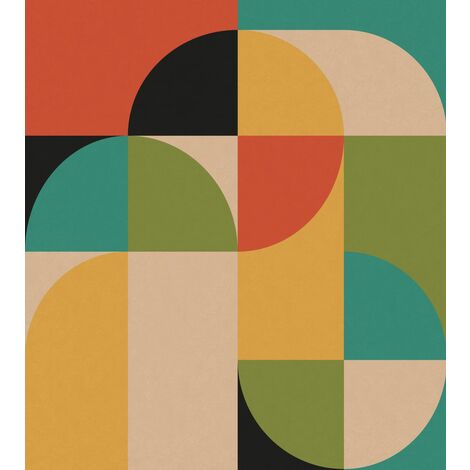 papier peint panoramique cercles de style Bauhaus multicolore  - ESTAhome