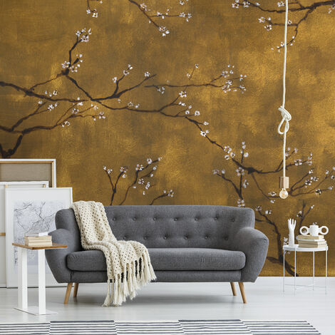 Papier peint panoramique Cerisiers japonais 300 x 280cm Or - or