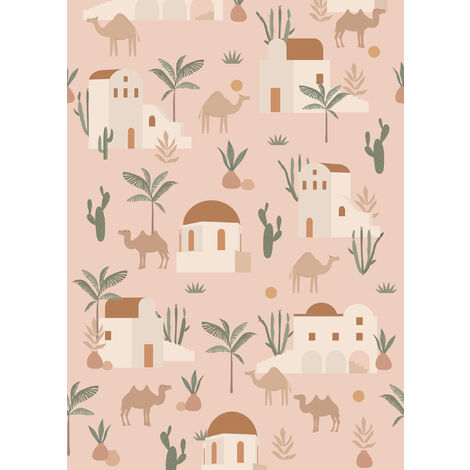 papier peint panoramique chameaux et cactus rose clair, terracotta et vert  - ESTAhome