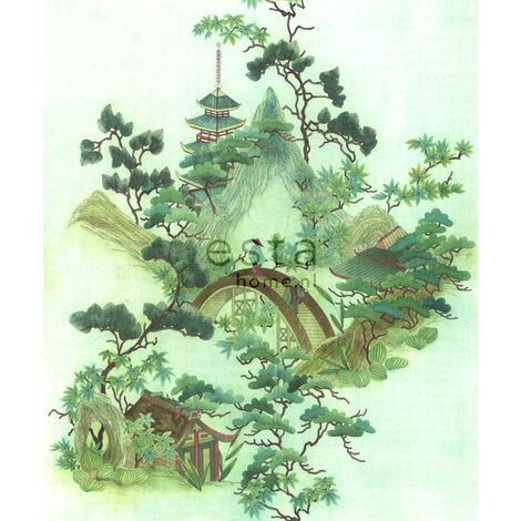 Papier peint panoramique chinoiserie - 232,5 cm x 2,79 m de ESTAhome - vert et marron