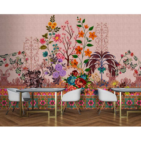 Papier peint panoramique couloir abstrait Tapisserie panoramique oriental multicolore aspect zen Papier peint panoramique à motif floral jardin