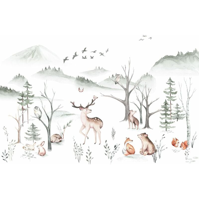 Komar - papier peint panoramique animaux de la forêt blanc, vert et beige