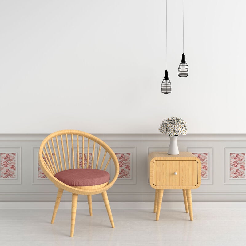 Papier peint panoramique, crème toile de jouy rouge, effet trompe l'oeil, boiseries soubassement, 70 cm x 195 cm