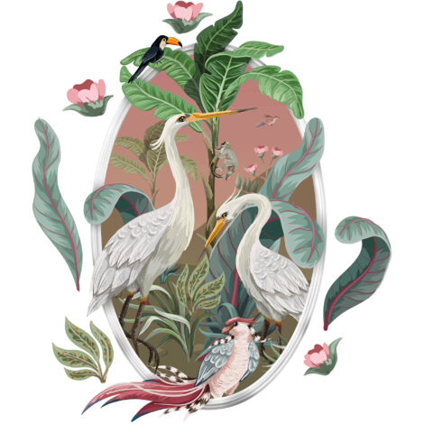 Papier Peint Panoramique Découpé, tropical façon tableau, oiseaux tropicaux moulure