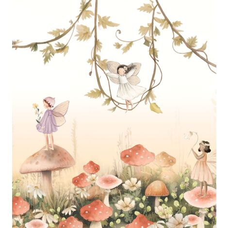 papier peint panoramique des fées blanc, beige, vert et rose  - ESTAhome