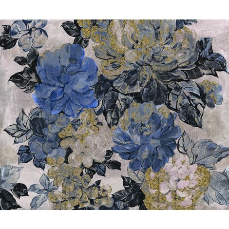 papier peint panoramique des fleurs romantiques bleu, gris et or  - Komar