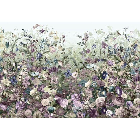 papier peint panoramique des fleurs romantiques violet et vert  - Komar