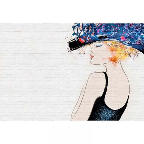 Papier peint panoramique design femme & mur brique Tapisserie panoramique blanche & bleu effet peinture Papier peint panoramique moderne chambre