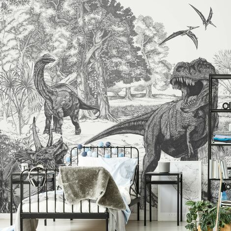 Papier peint panoramique Dinosaures en scène 280 x 300cm Noir, Blanc - Noir