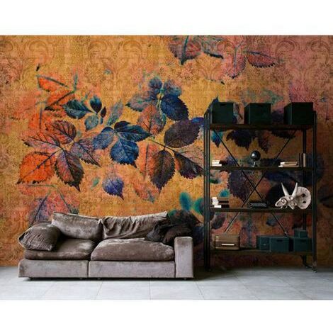 Papier peint panoramique doré et bleu original Tapisserie panoramique feuilles pour salle à manger Papier peint panoramique automne à motifs