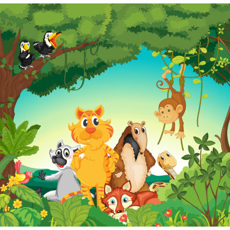 Papier peint panoramique Enfants - Animaux de la Jungle - 130 cm x 126 cm