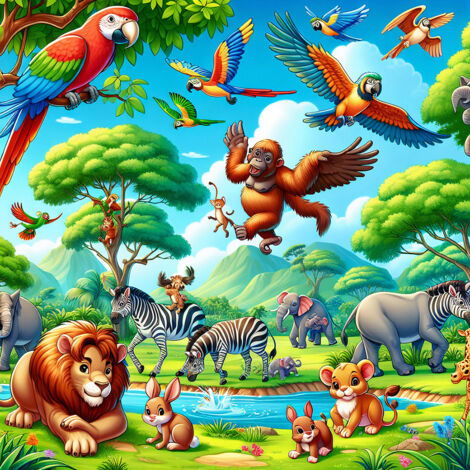 Papier peint panoramique Enfants - Animaux de la Jungle - 130 cm x 130 cm